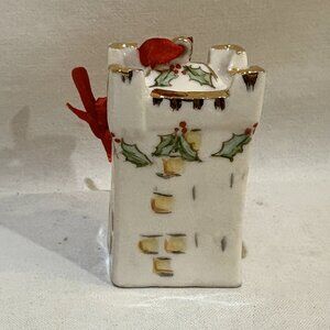 VTG Irish Dresden Porcelain Castle Christmas Ornament Hand Painted Holly & Gold